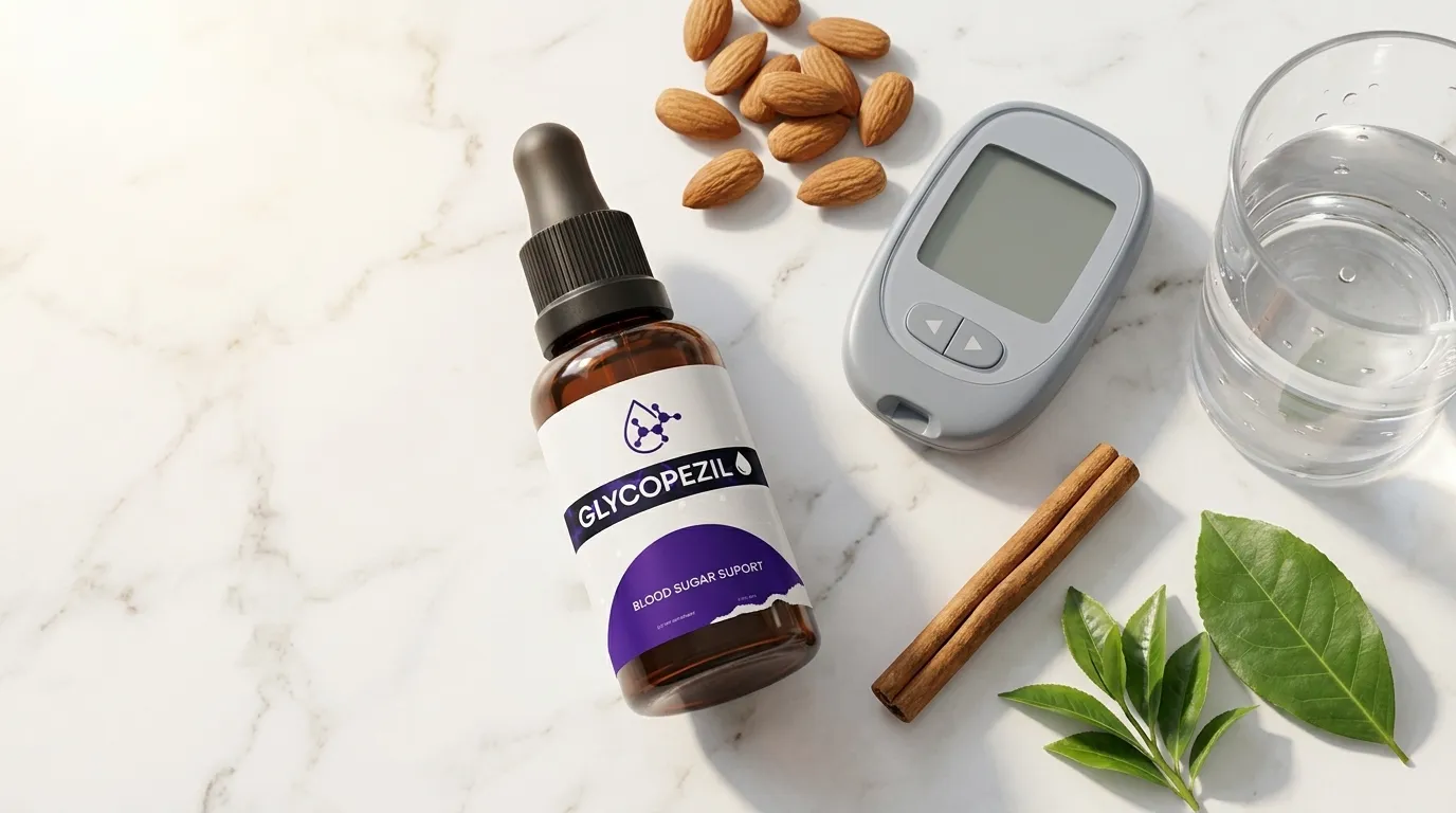 GlycoPezil supplement bottle with glucose meter, almonds, green tea and cinnamon on white marble — blood sugar support supplement review 2026
