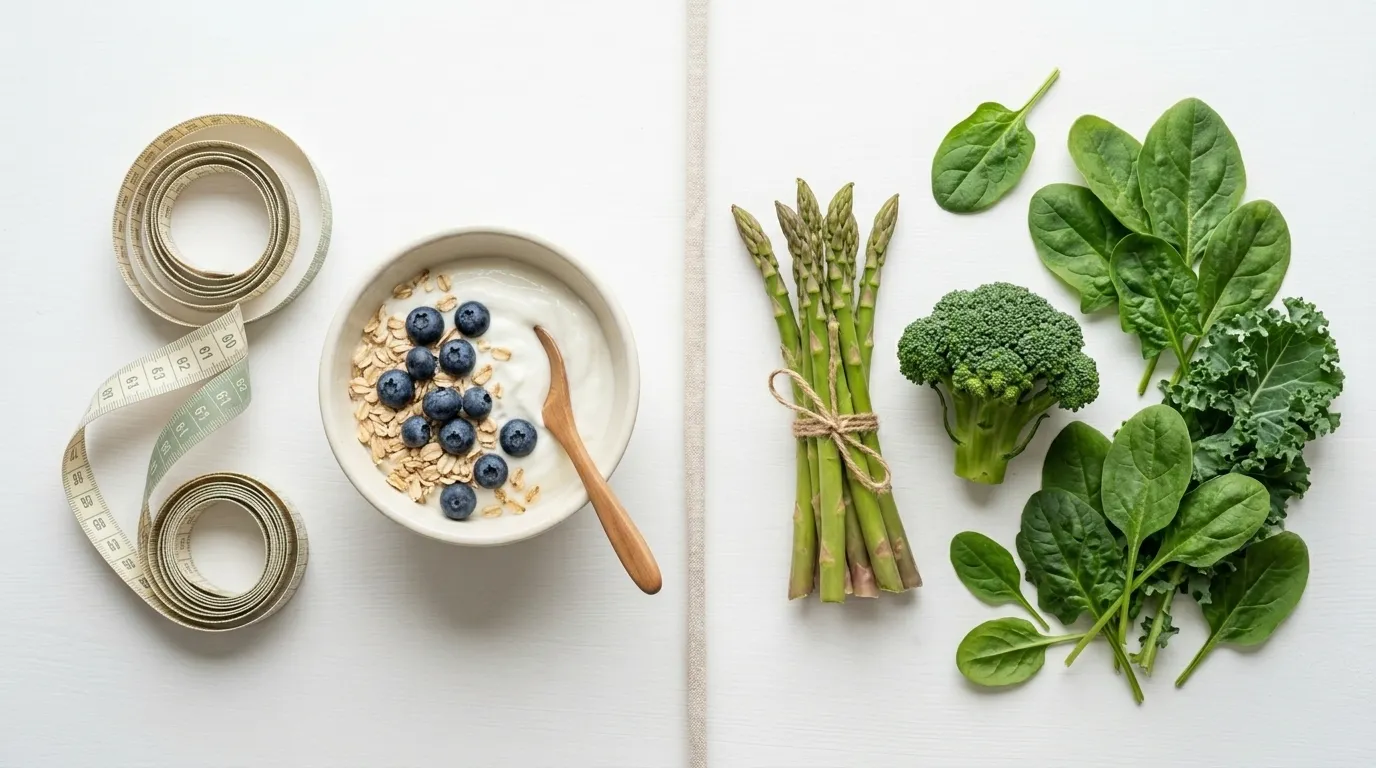 gut health and weight loss connection showing healthy foods and measuring tape