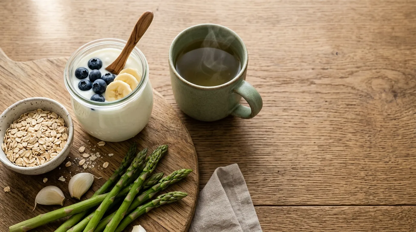 gut health foods including yogurt, blueberries, oats and green tea on wooden table