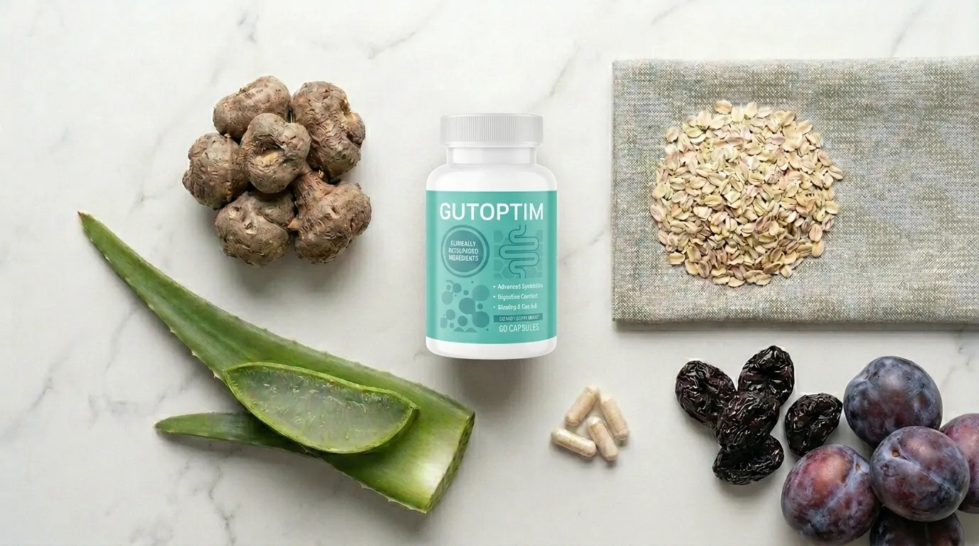 GutOptim gut health supplement with natural ingredients including aloe vera oats and probiotics