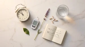Alarm clock, glucose meter, lavender, water glass and sleep tracking notebook on white marble — how sleep quality impacts blood sugar levels guide 2026