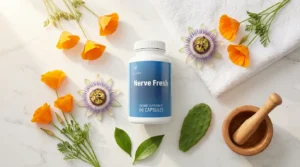 Nerve Fresh supplement bottle with California poppy passionflower and prickly pear botanical ingredients on white marble — neuropathy nerve pain support supplement review 2026