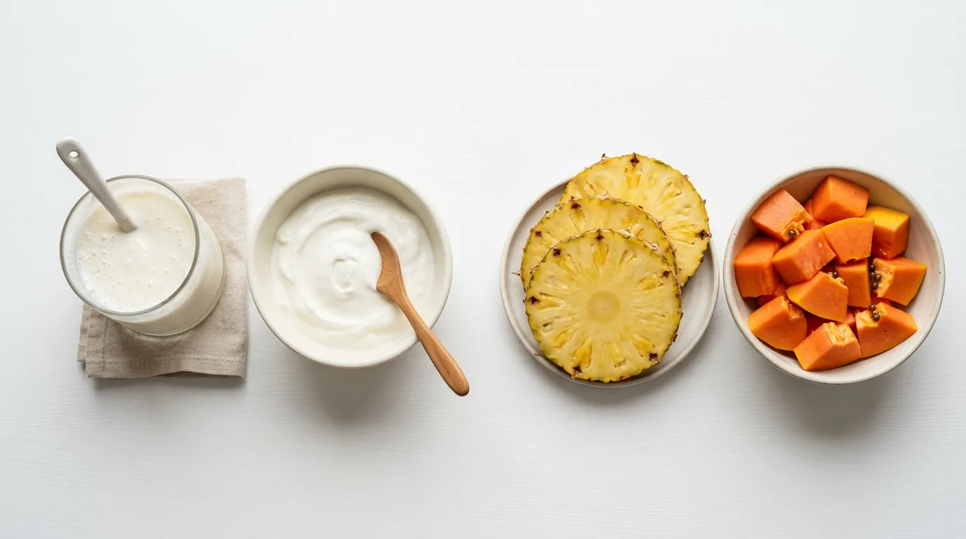 probiotics vs digestive enzymes comparison showing kefir yogurt pineapple and papaya