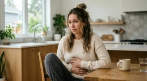 woman holding stomach showing signs of an unhealthy gut