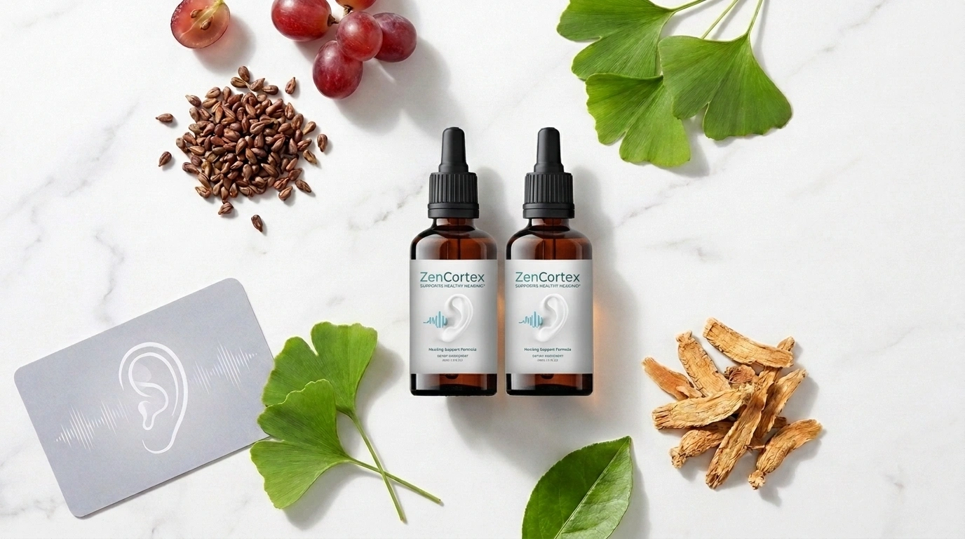 Amber dropper bottle beside grapes ginkgo leaves and ginseng root on white marble — ZenCortex tinnitus hearing supplement honest review 2026