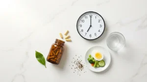 Berberine capsules beside morning clock water glass and light meal with black pepper on white marble — berberine dosage guide how much and when to take 2026