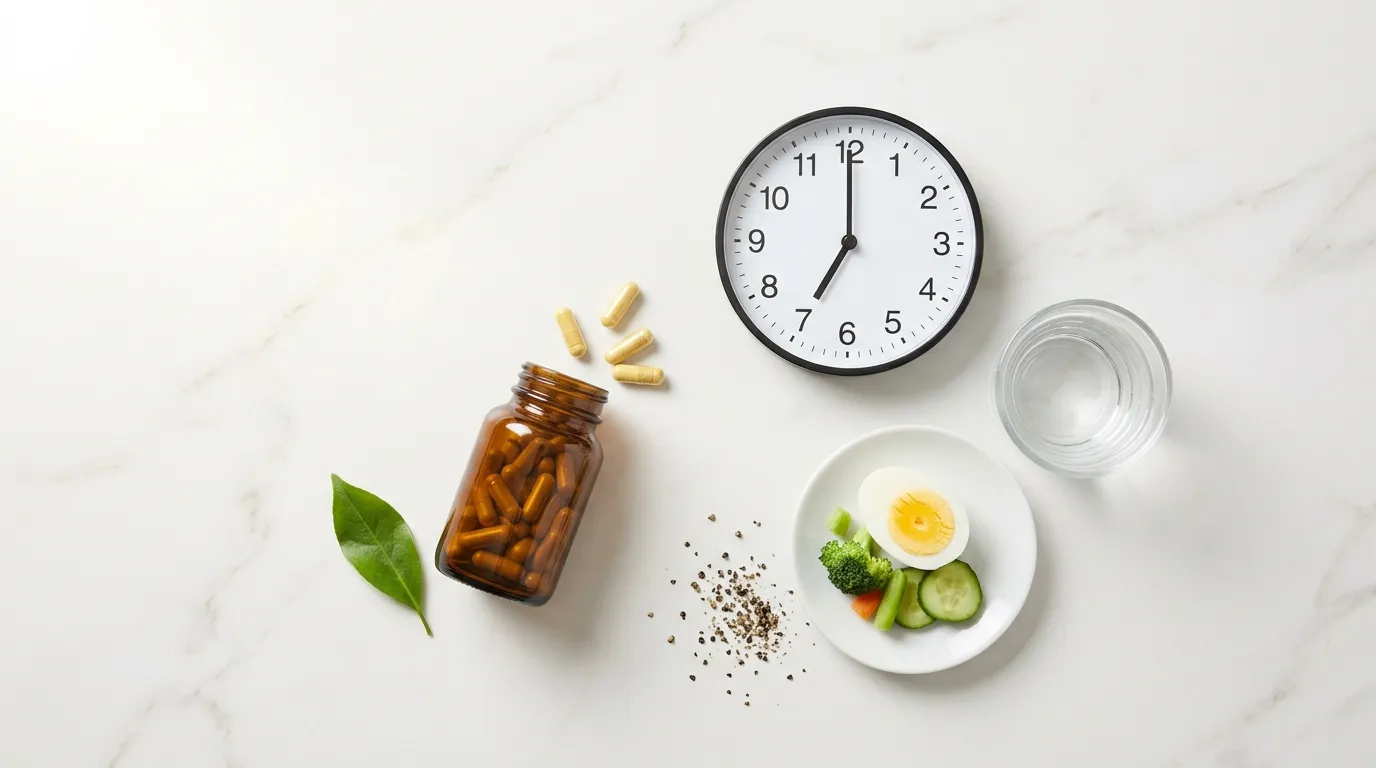 Berberine capsules beside morning clock water glass and light meal with black pepper on white marble — berberine dosage guide how much and when to take 2026