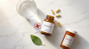 Berberine capsules beside safety cross card water glass and generic pill bottle on white marble — berberine side effects safety drug interactions guide 2026