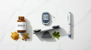 Berberine capsules and root powder beside generic injection pen glucose meter and balance scale on white marble — berberine vs Ozempic complete comparison blood sugar weight loss 2026