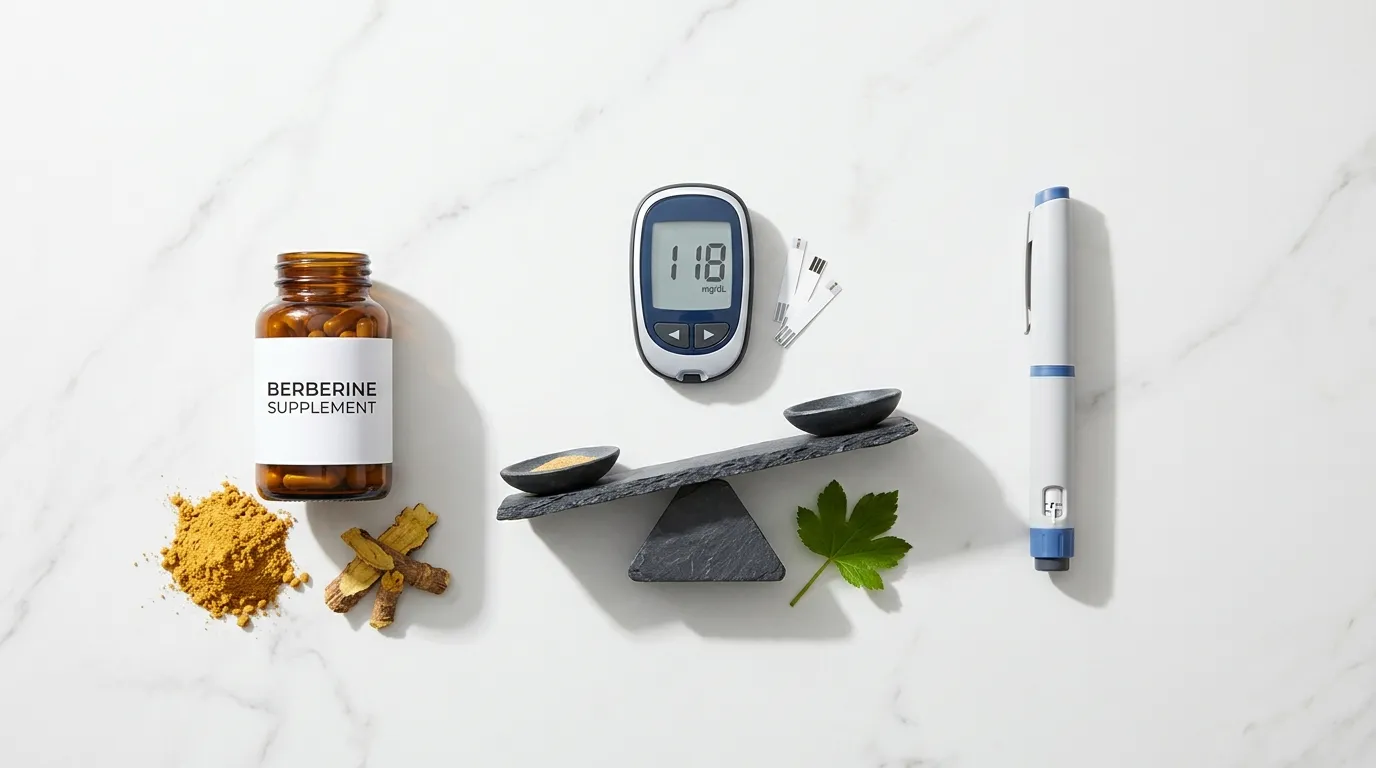 Berberine capsules and root powder beside generic injection pen glucose meter and balance scale on white marble — berberine vs Ozempic complete comparison blood sugar weight loss 2026