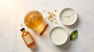 Chamomile tea mug cinnamon stick apple cider vinegar and warm milk beside clock showing 9:30 PM on white marble — best bedtime drinks to lower blood sugar naturally 2026 guide