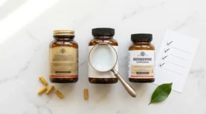Three generic berberine supplement bottles beside magnifying glass and checklist on white marble — best berberine supplements compared what to actually look for 2026