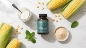 Bioma Probiotics bottle beside Greek yogurt corn prebiotic fiber and fresh mint on white marble — Bioma Probiotics gut health supplement honest review 2026
