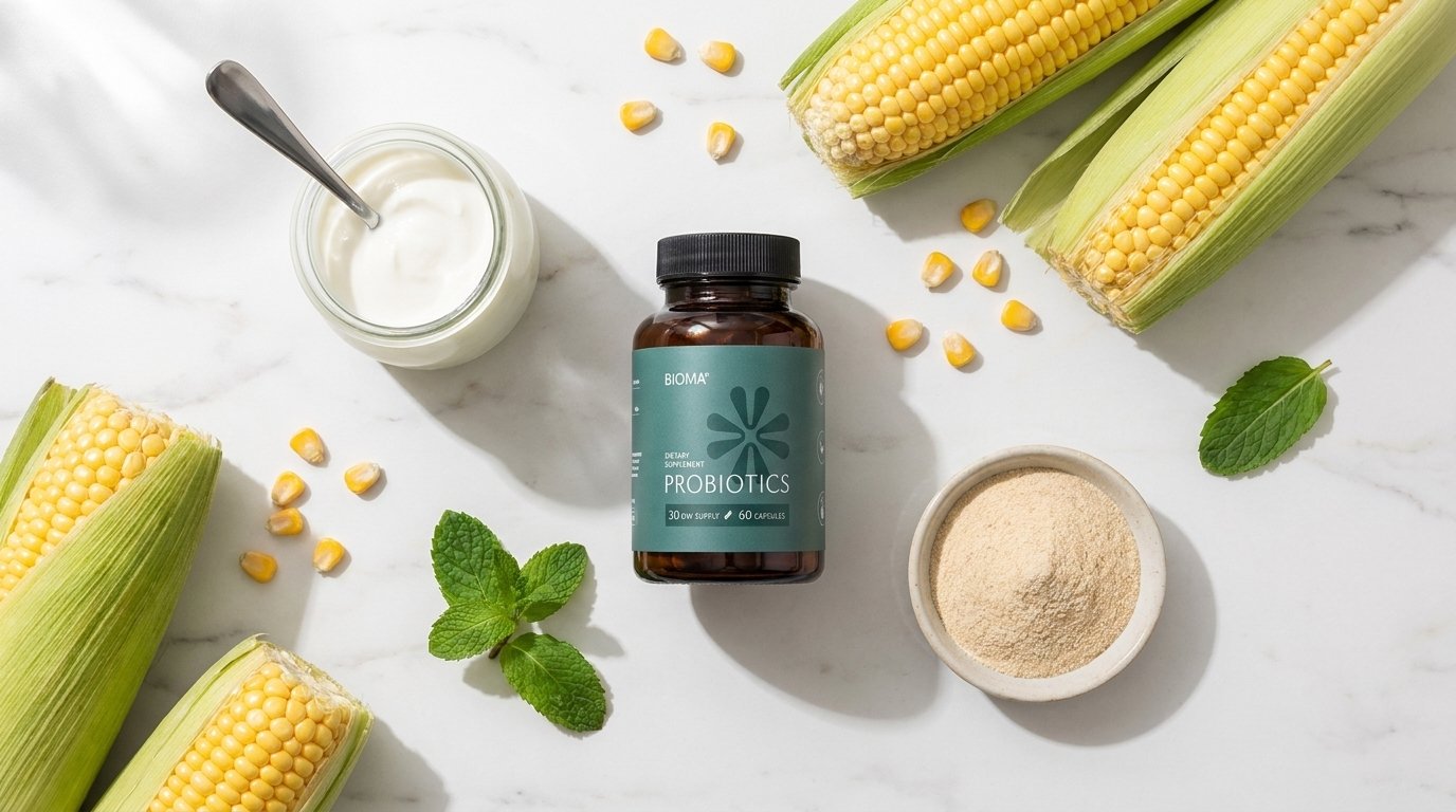 Bioma Probiotics bottle beside Greek yogurt corn prebiotic fiber and fresh mint on white marble — Bioma Probiotics gut health supplement honest review 2026