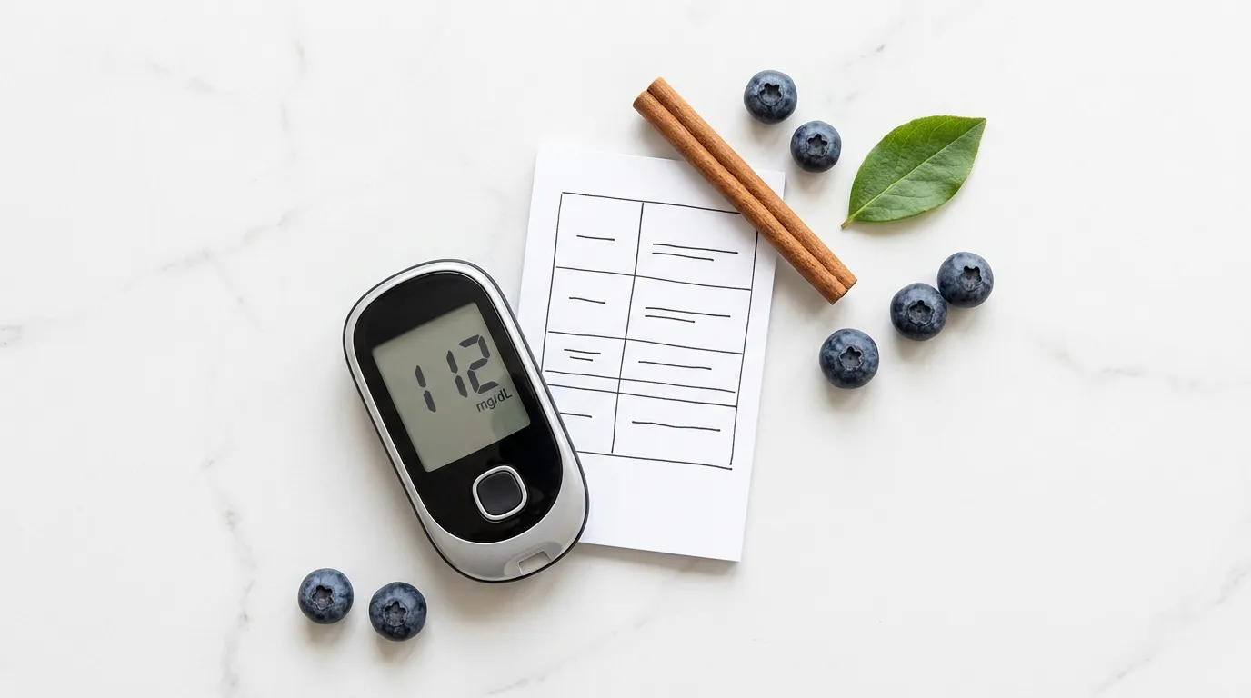Glucose meter and blood sugar chart on white marble