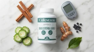 ColestZen bottle beside cinnamon sticks bitter melon turmeric juniper berries and glucose meter on white marble — ColestZen cholesterol blood sugar supplement honest review 2026