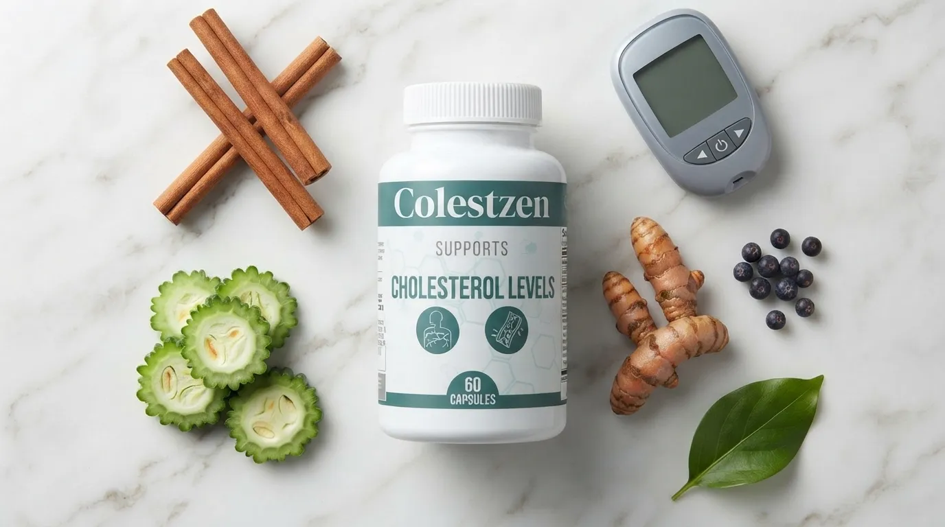ColestZen bottle beside cinnamon sticks bitter melon turmeric juniper berries and glucose meter on white marble — ColestZen cholesterol blood sugar supplement honest review 2026