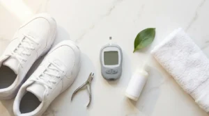 Athletic shoes nail clippers glucose meter and foot moisturizer on white marble — diabetes and foot health why nail and skin care matter prevention guide 2026