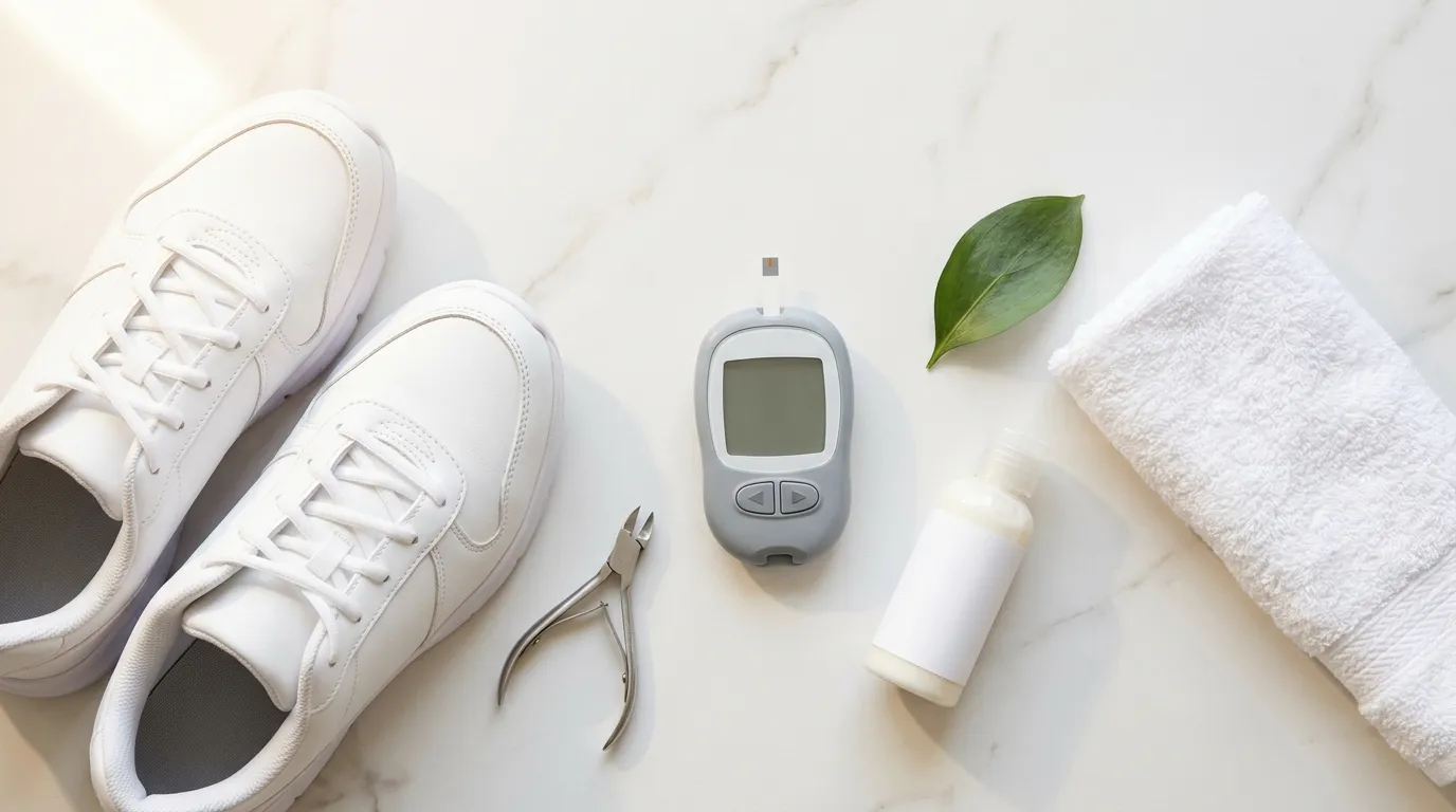Athletic shoes nail clippers glucose meter and foot moisturizer on white marble — diabetes and foot health why nail and skin care matter prevention guide 2026