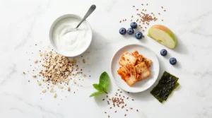 Greek yogurt whole grains kimchi blueberries flaxseed and seaweed on white marble — 7 foods that naturally support gut health backed by research 2026