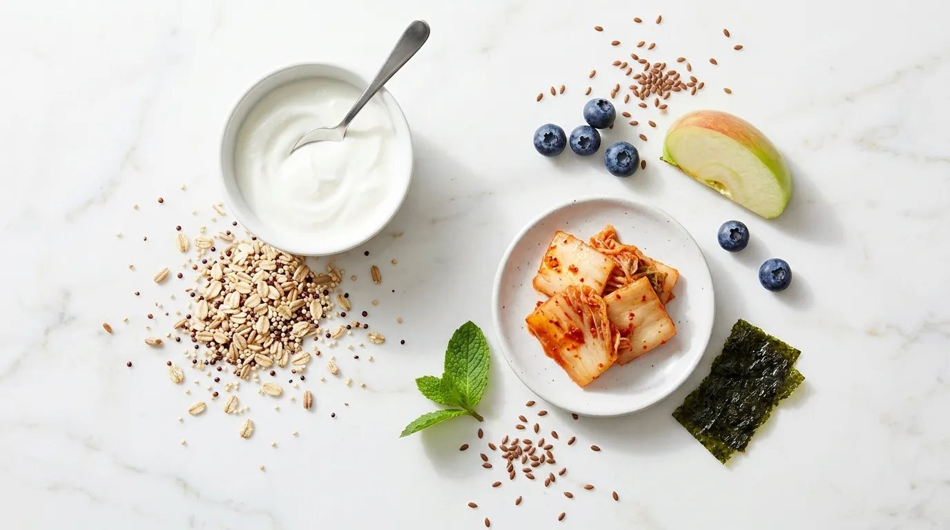 Greek yogurt whole grains kimchi blueberries flaxseed and seaweed on white marble — 7 foods that naturally support gut health backed by research 2026