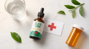 GlucoTonic bottle beside safety cross card water glass generic pill bottle and green tea leaves on white marble — GlucoTonic side effects safety guide medication interactions 2026