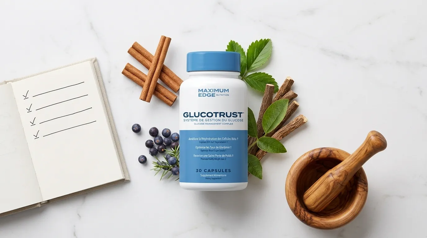 GlucoTrust bottle beside ingredient research notebook cinnamon sticks juniper berries licorice root and mortar on white marble — GlucoTrust ingredients full breakdown what research actually shows 2026