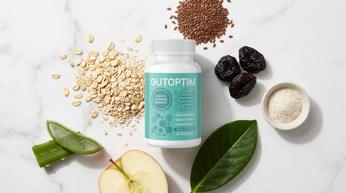 GutOptim bottle beside oats aloe vera flaxseed prunes psyllium and apple on white marble — GutOptim ingredients full breakdown what research actually shows 2026