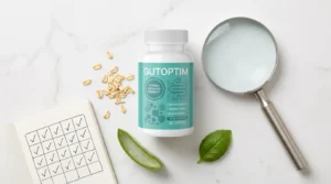 GutOptim bottle beside magnifying glass notebook oat bran and aloe vera on white marble — is GutOptim a scam or legit real reviews complaints and red flags 2026