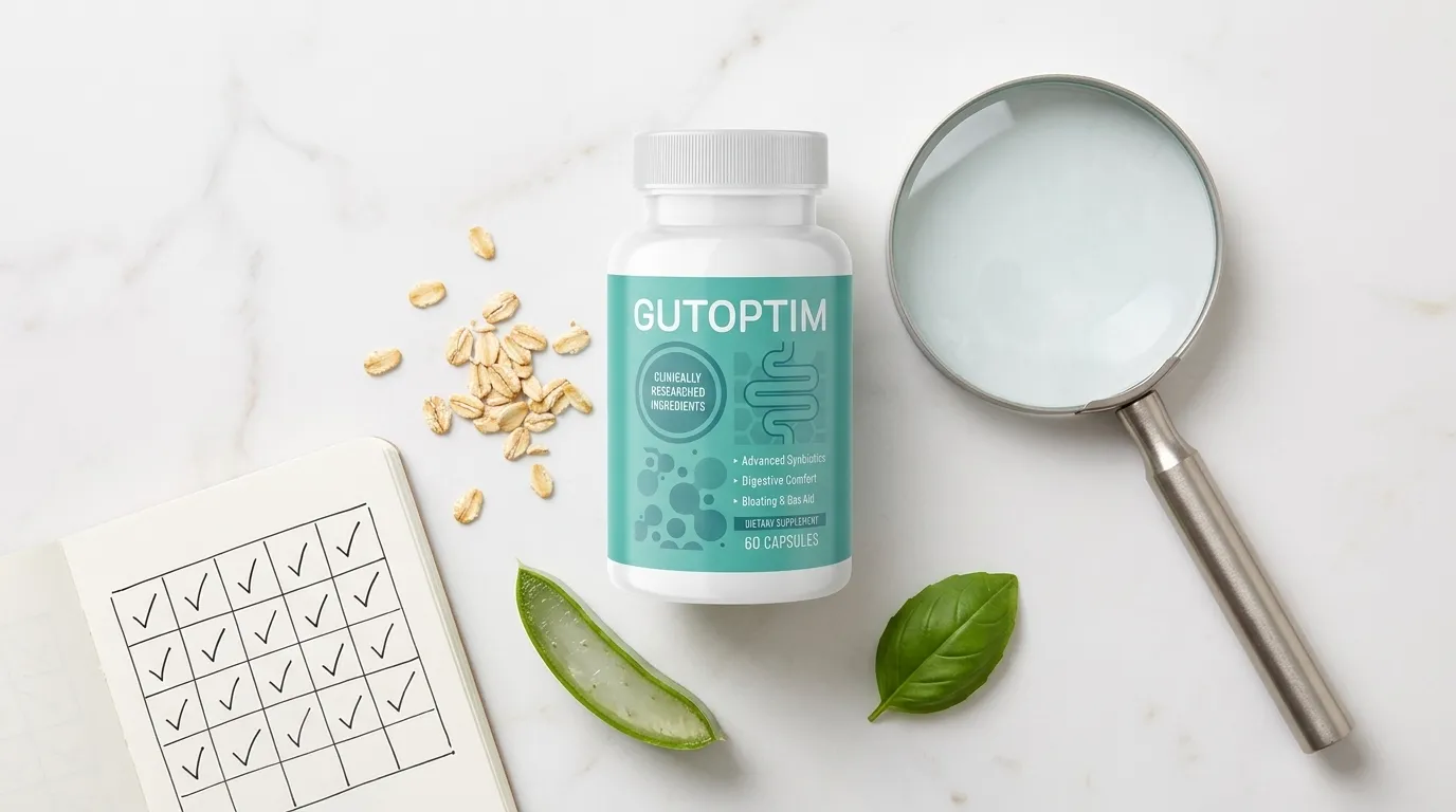 GutOptim bottle beside magnifying glass notebook oat bran and aloe vera on white marble — is GutOptim a scam or legit real reviews complaints and red flags 2026