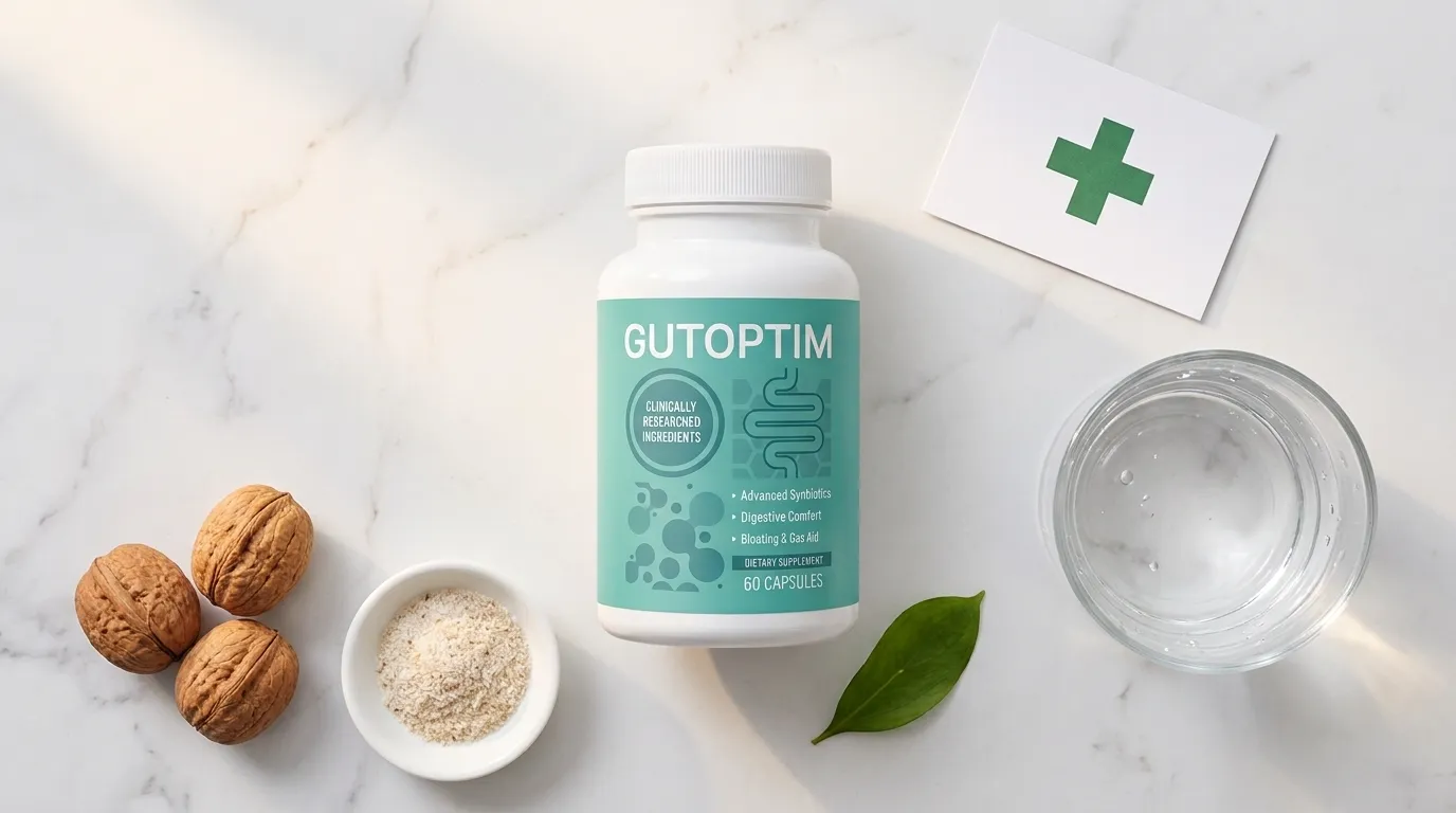 GutOptim bottle beside safety cross card water glass walnuts and psyllium powder on white marble — GutOptim side effects safety guide tree nut allergy consideration 2026