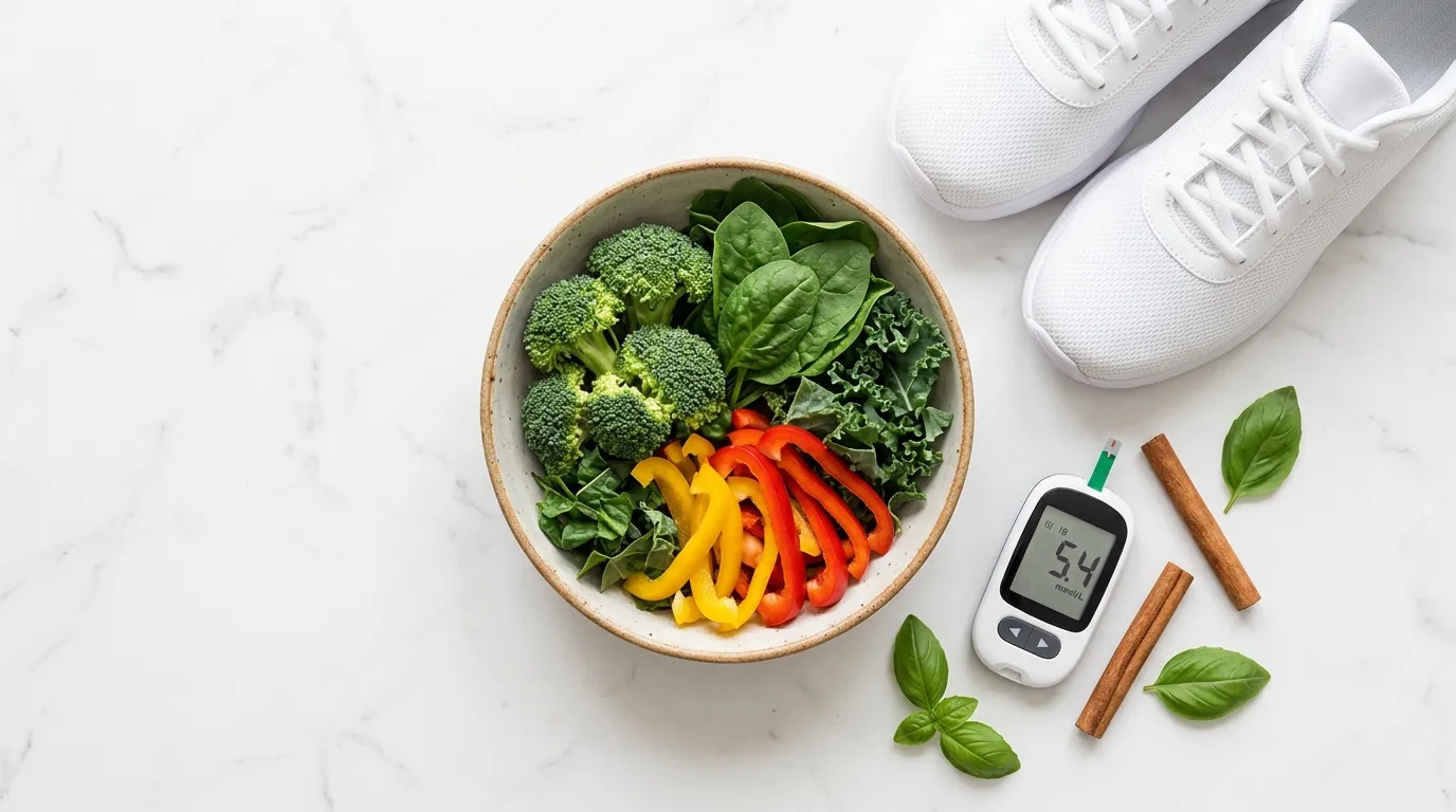 Vegetables and running shoes beside glucose meter
