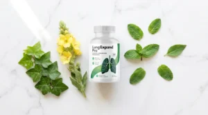 LungExpand Pro bottle beside ivy leaves mullein flowers and peppermint on white marble — LungExpand Pro respiratory formula honest review 2026