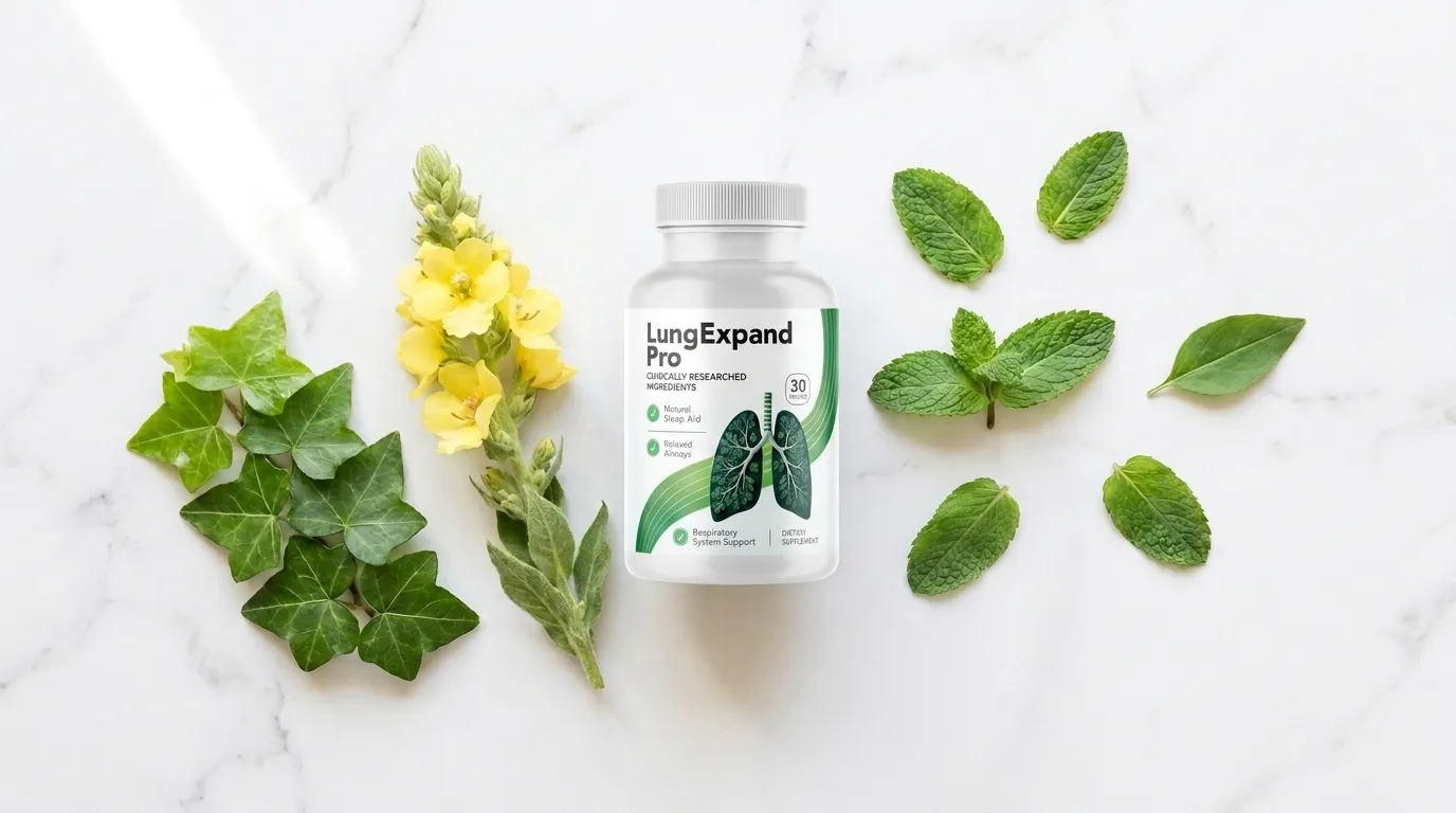 LungExpand Pro bottle beside ivy leaves mullein flowers and peppermint on white marble — LungExpand Pro respiratory formula honest review 2026