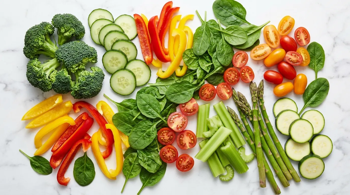 non-starchy-vegetables-diabetics-eat-freely Abundant spread of non-starchy vegetables broccoli peppers spinach tomatoes celery on white marble — vegetables diabetics can eat freely without blood sugar concern