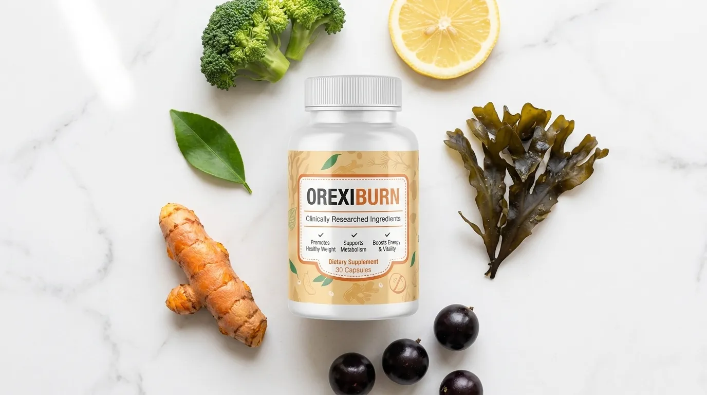OrexiBurn bottle beside Ecklonia Cava seaweed Jaboticaba fruits turmeric broccoli and citrus on white marble — OrexiBurn orexin weight loss supplement honest review 2026