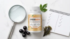 OrexiBurn bottle beside magnifying glass notebook Jaboticaba fruits and seaweed on white marble — is OrexiBurn a scam or legit real reviews complaints and science investigation 2026