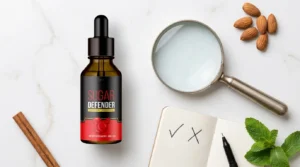 Sugar Defender dropper bottle beside magnifying glass notebook and natural ingredients on white marble — is Sugar Defender a scam or legit honest review complaints and warning signs 2026