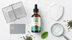 GlucoTonic bottle beside shopping basket credit card security shield and magnifying glass on white marble — where to buy GlucoTonic official website avoid copycat sites 2026