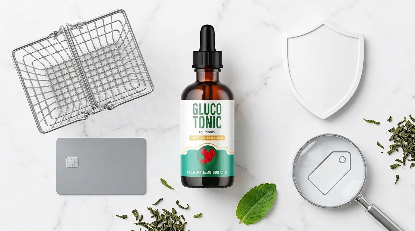 GlucoTonic bottle beside shopping basket credit card security shield and magnifying glass on white marble — where to buy GlucoTonic official website avoid copycat sites 2026