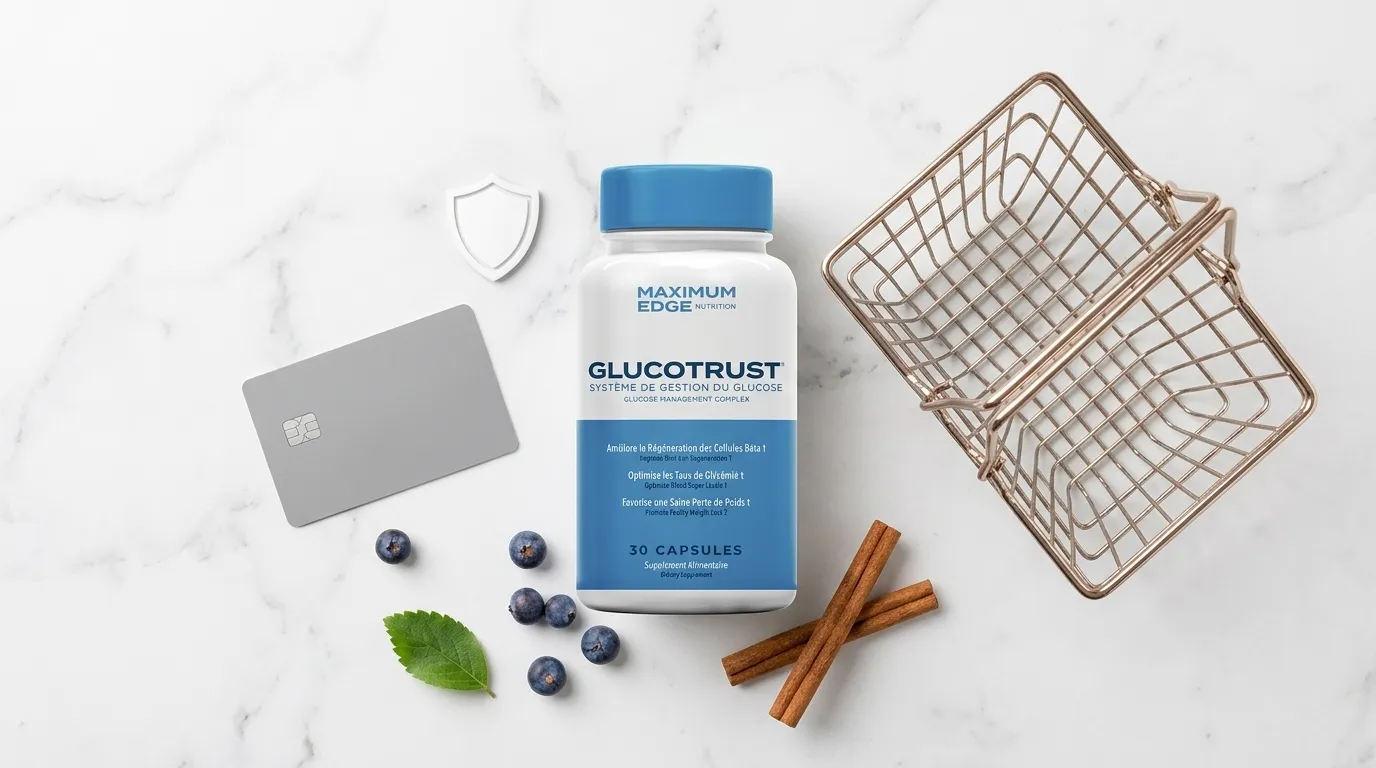 GlucoTrust bottle beside shopping basket credit card and security shield with cinnamon and juniper berries on white marble — where to buy GlucoTrust official website current price safe purchase guide 2026