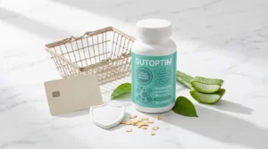 GutOptim bottle beside shopping basket credit card and security shield with oats and aloe vera on white marble — where to buy GutOptim official website current price safe purchase guide 2026