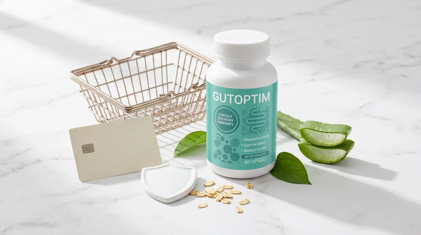 GutOptim bottle beside shopping basket credit card and security shield with oats and aloe vera on white marble — where to buy GutOptim official website current price safe purchase guide 2026