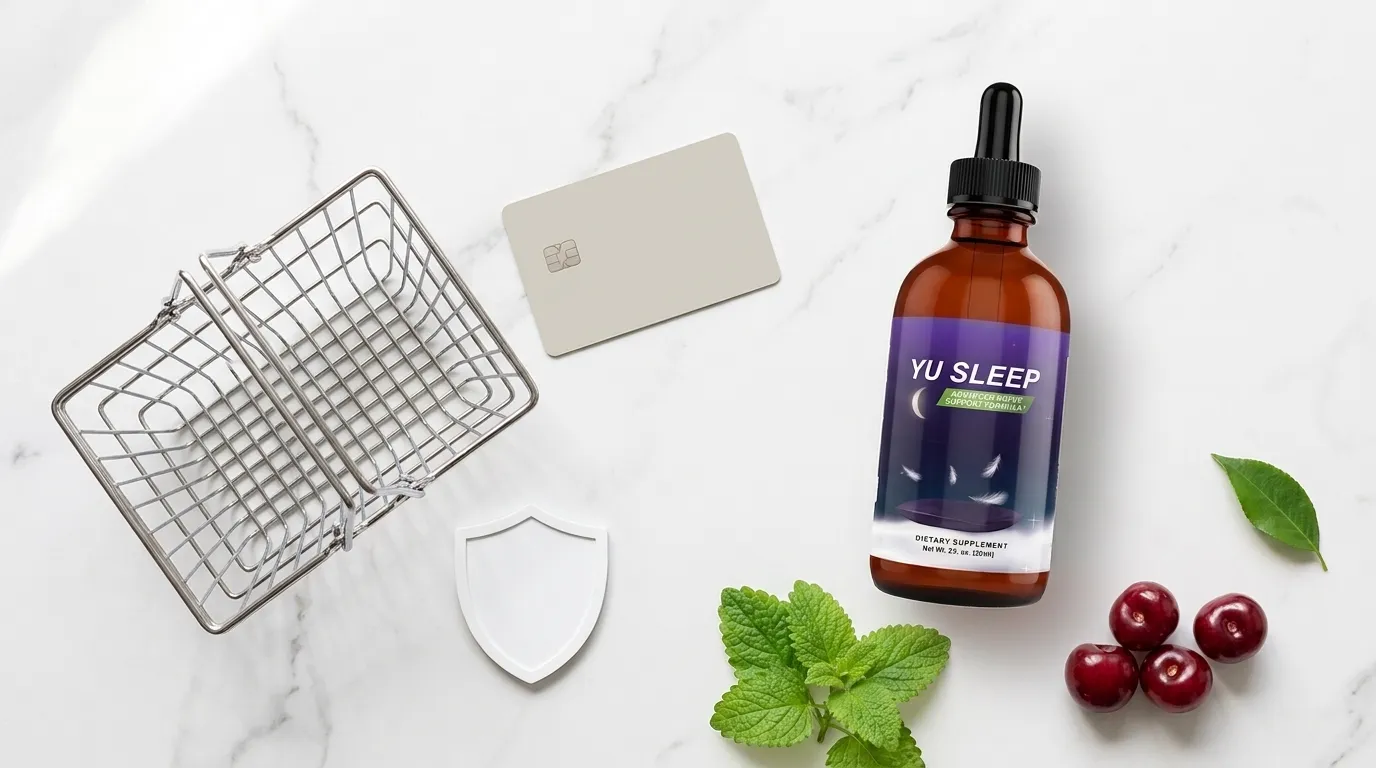 Yu Sleep bottle beside shopping basket credit card and security shield with tart cherries and lemon balm on white marble — where to buy Yu Sleep official website current price safe purchase 2026