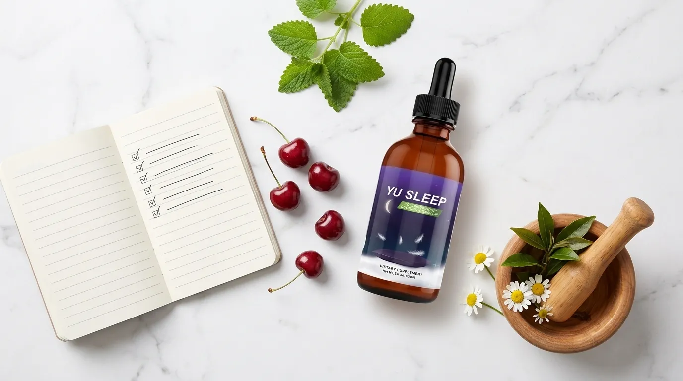 Yu Sleep bottle beside ingredient research notebook tart cherries lemon balm chamomile and green tea on white marble — Yu Sleep ingredients full breakdown clinical evidence 2026