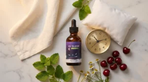 Yu Sleep dropper bottle beside clock showing 10:30 PM lemon balm tart cherries and chamomile flowers on white marble — Yu Sleep nano enhanced liquid sleep supplement honest review 2026
