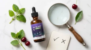 Yu Sleep bottle beside magnifying glass notebook tart cherries and lemon balm on white marble — is Yu Sleep a scam or legit honest reviews complaints warning signs 2026
