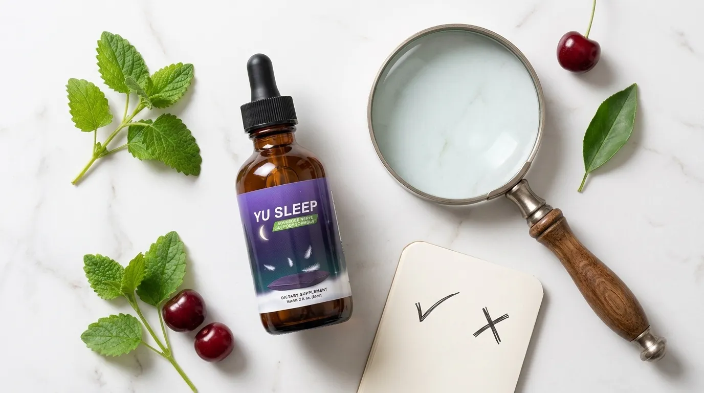 Yu Sleep bottle beside magnifying glass notebook tart cherries and lemon balm on white marble — is Yu Sleep a scam or legit honest reviews complaints warning signs 2026
