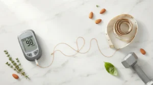 Glucose meter measuring tape dumbbell almonds and herbs connected on white marble — why blood sugar and weight are connected the complete guide 2026