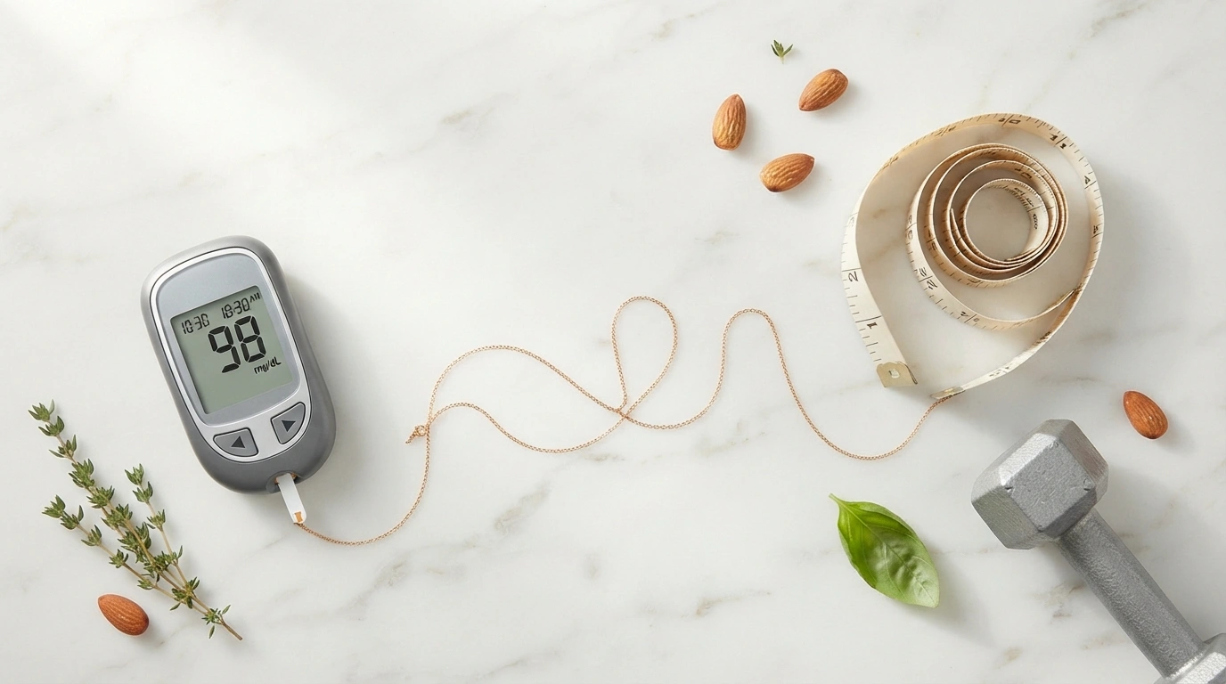 Glucose meter measuring tape dumbbell almonds and herbs connected on white marble — why blood sugar and weight are connected the complete guide 2026